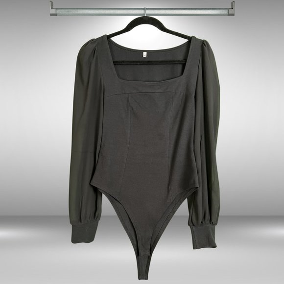 Black Sheer Balloon Sleeve Bodysuit with Sweetheart Neckline - Picture 1 of 3